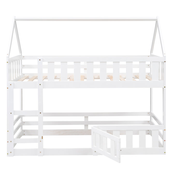 Merax House Bunk Bed with Fence and Door