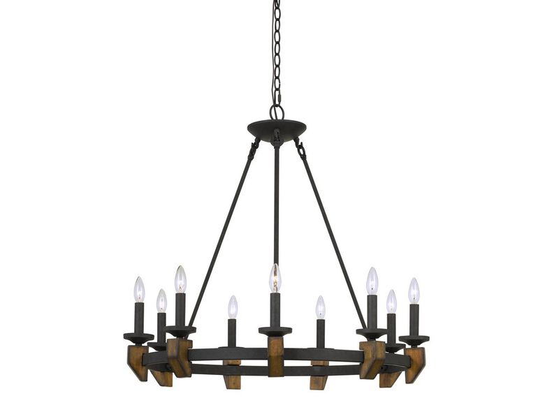9 Bulb Round Metal Chandelier with Candle Lights and Wooden accents, Black - Benzara image number 1