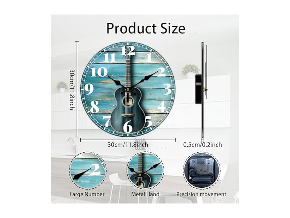Grain Guitar Wall Clock 12 Inch Silent Non Ticking Battery Operated