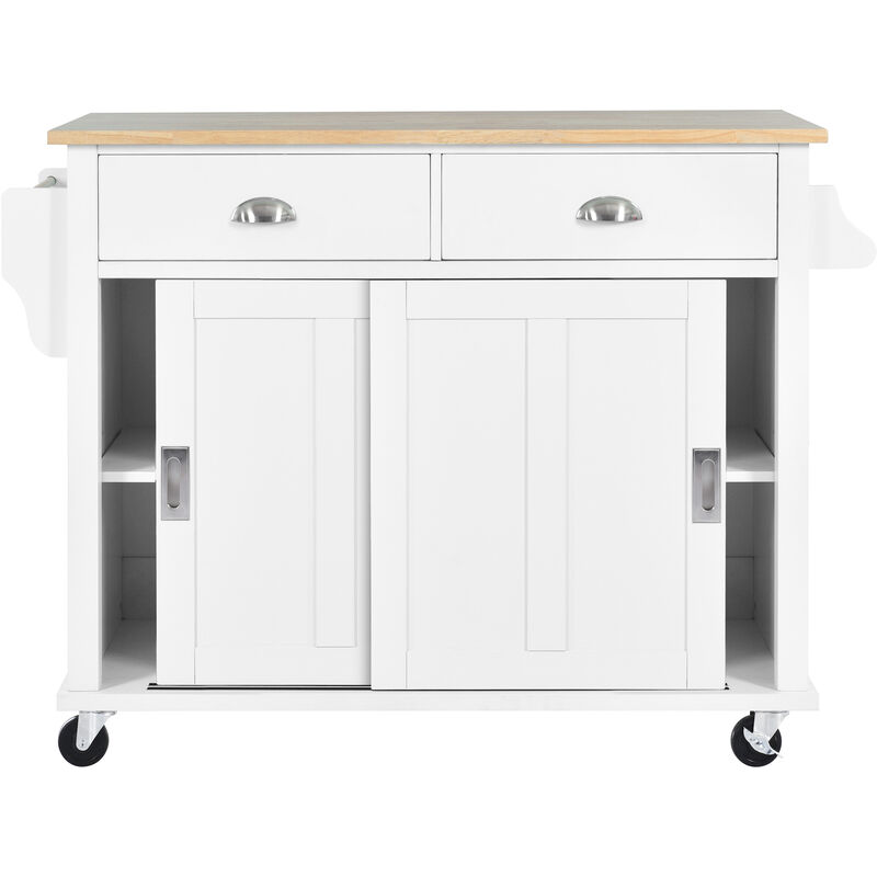 Whisen Modern Kitchen Island with Rubber wood Drop-Leaf Countertop and Storage Cabinet - White