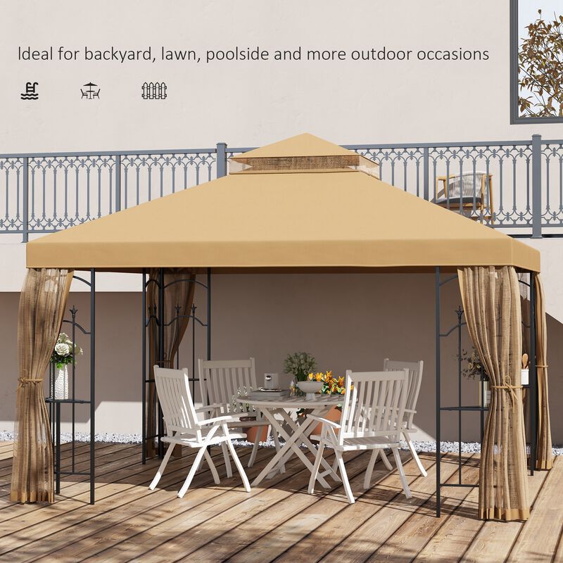 Outsunny 10' x 10' Patio Gazebo with Corner Frame Shelves, Double Roof Outdoor Gazebo Canopy Shelter with Netting, for Patio, Wedding, Catering & Events, Brown