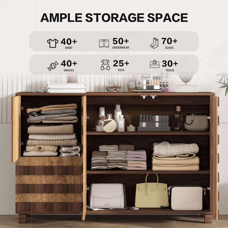 TATEUS Versatile 55" Buffet Cabinet - Hand Carved Kitchen Storage with 2 Drawers, 3 Doors, Adjustable Shelf