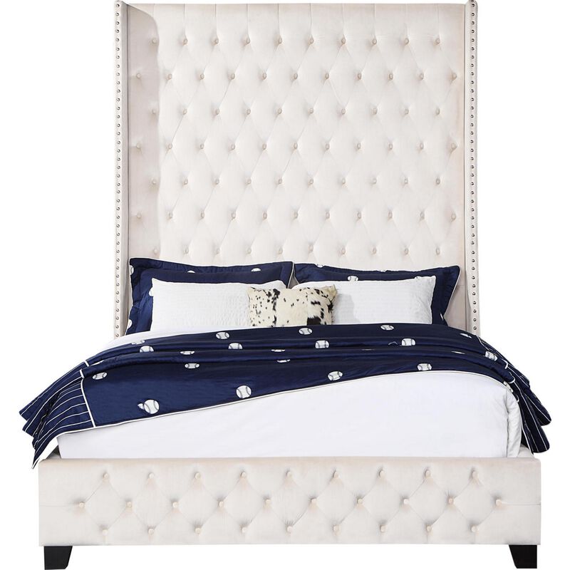 Daisy Wood Modern Queen Size Bed, Wingback, Button Tufted, Beige Velvet