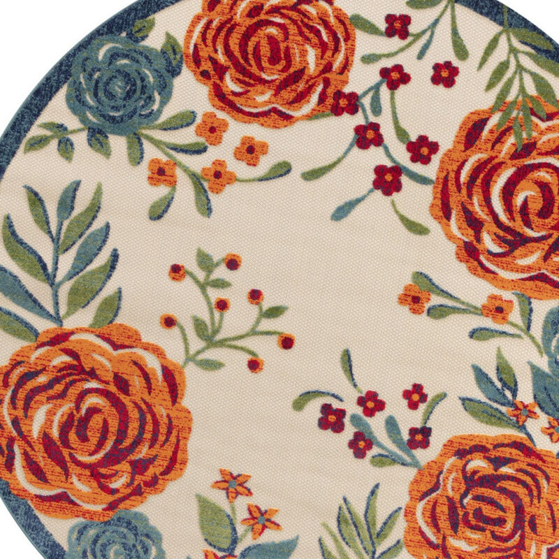 HomeRoots 5' Ivory Orange Blue And Green Round Floral Indoor Outdoor Area Rug image number 3
