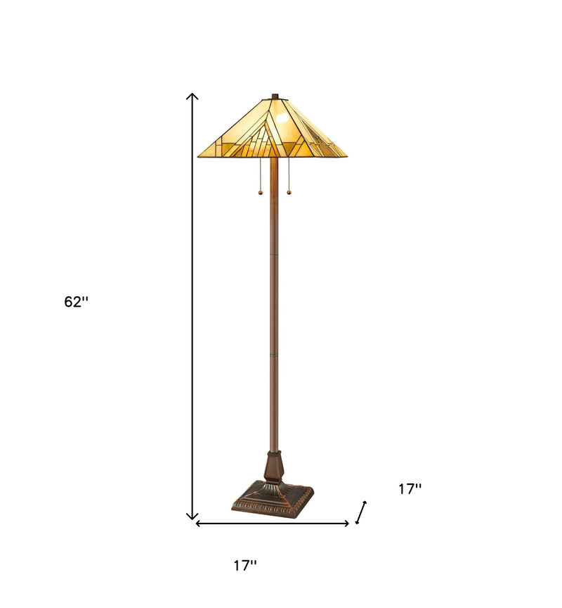 Hivvago 62" Brown Two Light Beige And Brown Geometric Stained Glass Floor Lamp