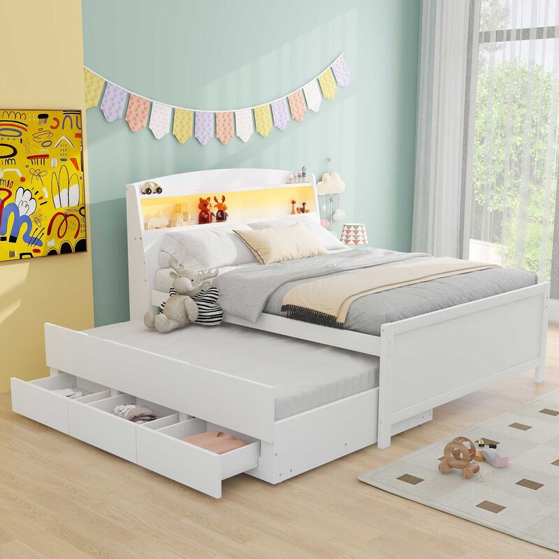 Merax White Platform Bed with LED Headboard, Trundle & Drawers image number 3