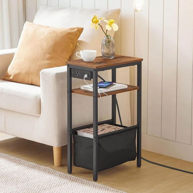 Slim Side Table with Charging Station for Bedroom and Living Room-Brown image number 6