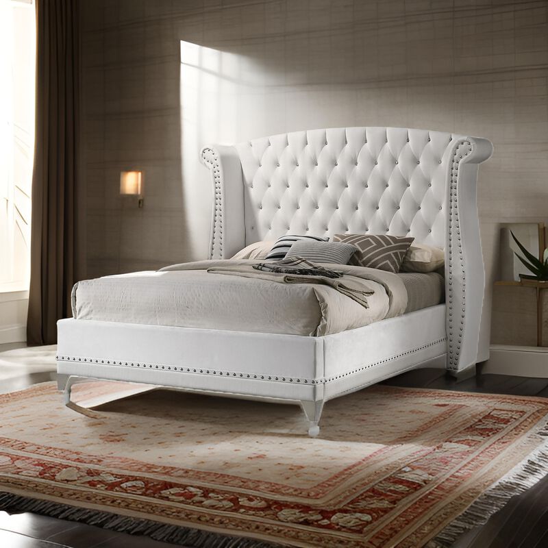 Dini Wingback Queen Bed, Crystal Button Tufting, White Velvet Upholstery - Benzara