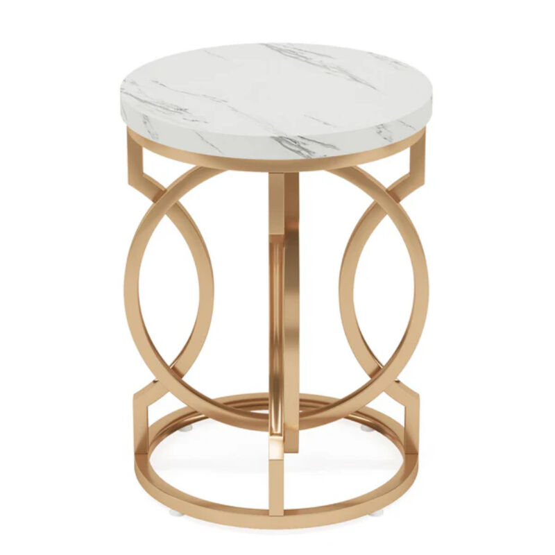 Modern Round End Table, Bedside Table with Faux Marble Top-White image number 0