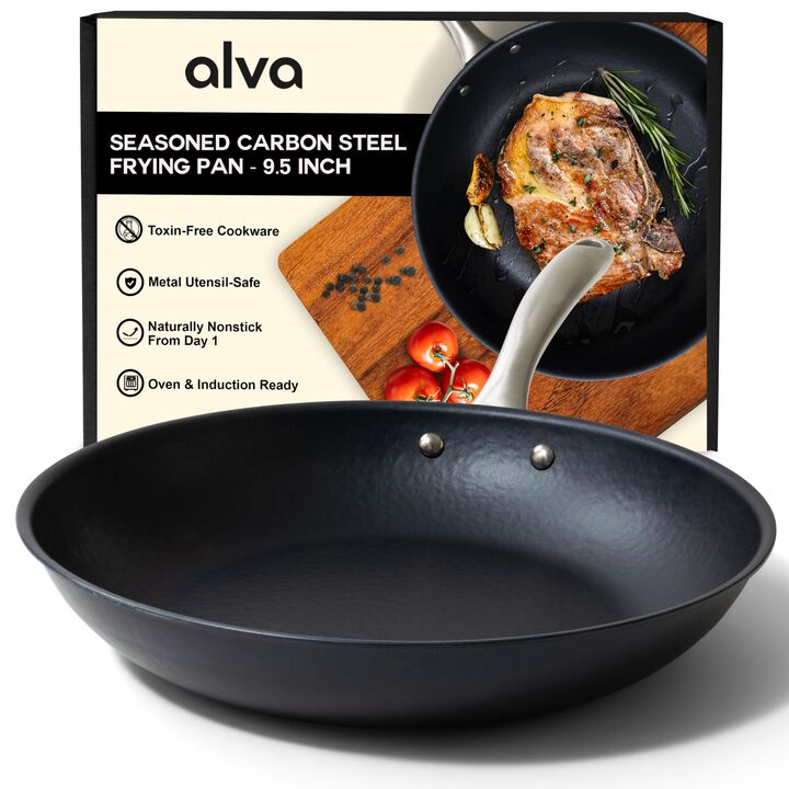 Alva Black Angus Carbon Steel Pan 9.5" Pre-Seasoned with Natural Mineral Oil, Non Toxic Hammered Carbon Steel Nonstick Frying Pan Skillet for Searing Steak Compatible w/ All Stovetops & Induction Safe