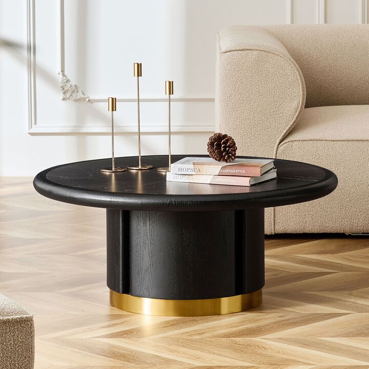 35.43 inch Round Coffee Table, Table with Sturdy MDF Pedestal with Brushed Stainless Steel,Sintered Stone Tabletop Table,Rounded Sofa Side Table for living Room,Office