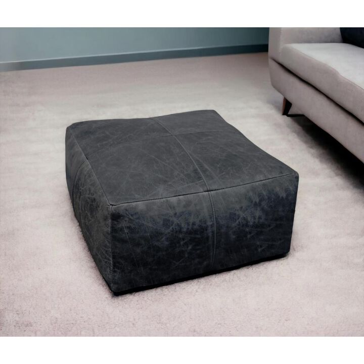 Hivvago 22 Inch Black Distressed Leather Pouf Ottoman