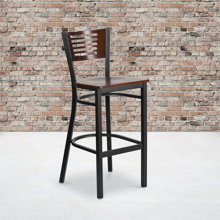 Flash Furniture HERCULES Series Black Slat Back Metal Restaurant Barstool - Walnut Wood Back & Seat