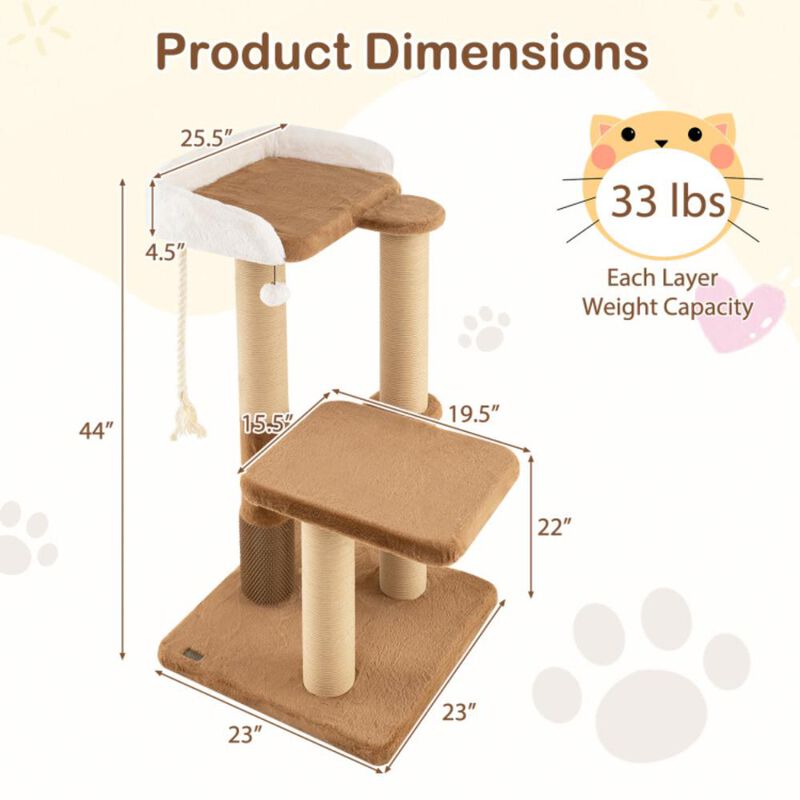 Hivvago 44 Inches Modern Cat Tree for Indoor Cats with Plush Padded Perch and Dangling Ball