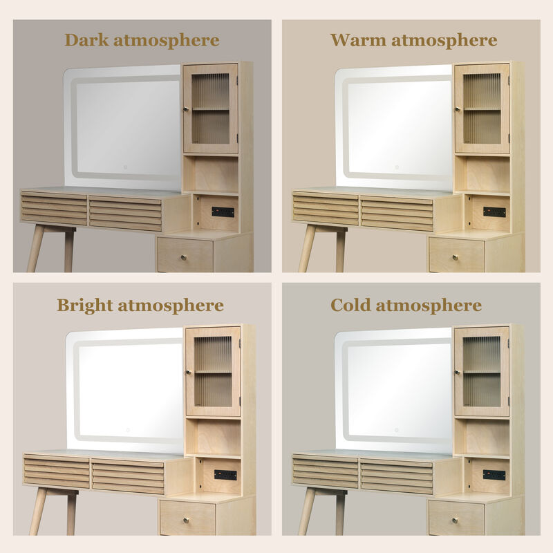 Merax 5-Drawer LED Vanity Table with Fluted Glass Cabinet, 3-Color Lighting, Charging Station image number 4