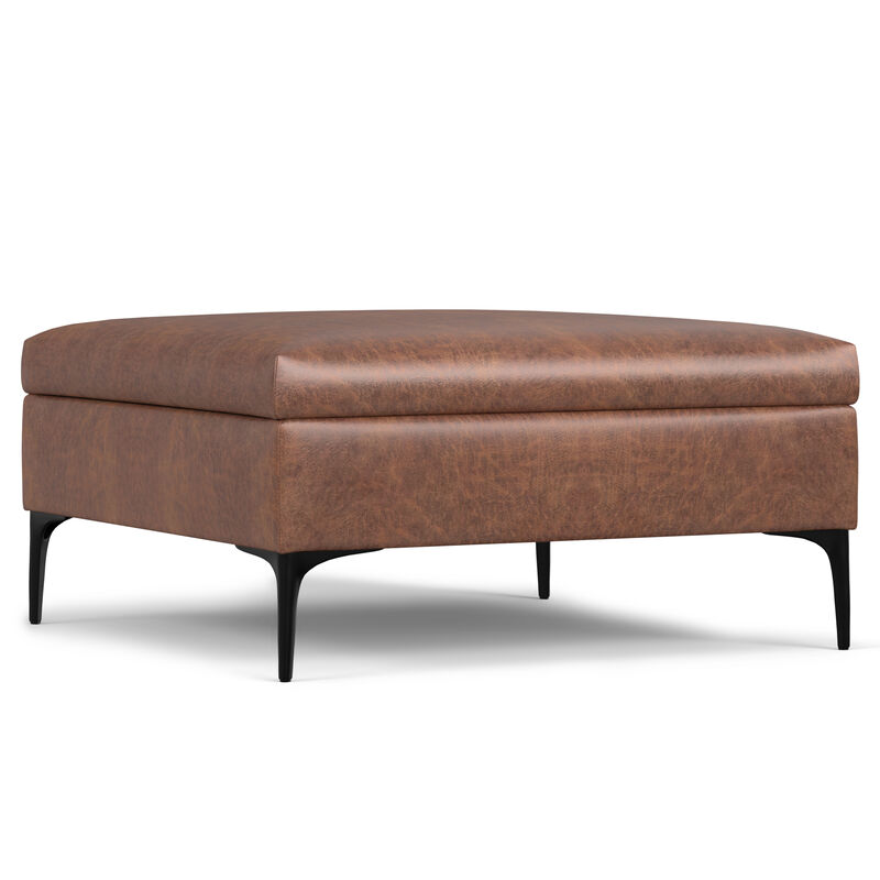 Rebecca 36 inch Wide Contemporary Square Mid Century Coffee Table Storage Ottoman with Lift Up Lid in Distressed Saddle Brown Vegan Faux Leather, Assembled