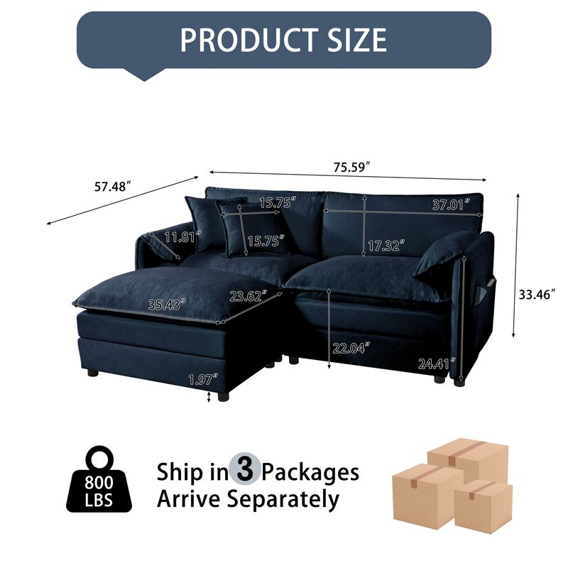 Deep Seat Sectional Sofa Cloud Couch with Ottoman,  Modern Chenille Comfy Love Seat Upholstered Modular L Shaped Couch,Grey image number 2