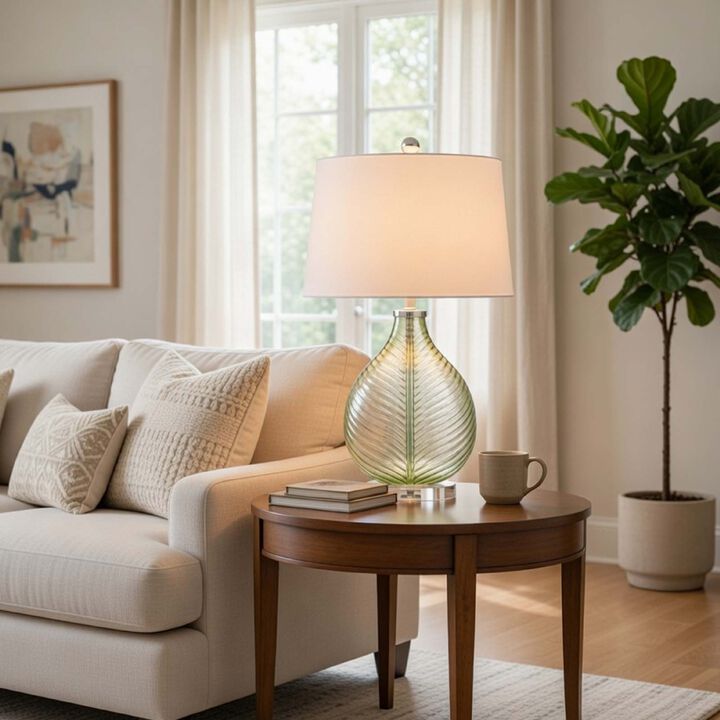 Table Lamp, White Drum Shade, 26 Inch Lime Green Faceted Teardrop Base