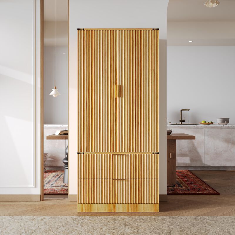 FUFU&GAGA Modern Sideboard Pantry Cabinet with 2 Doors & 2 Drawers, Vertical Line Design, Hidden Handles, (31.5 in. W x 15.7 in. D x 70.9 in. H), Brown