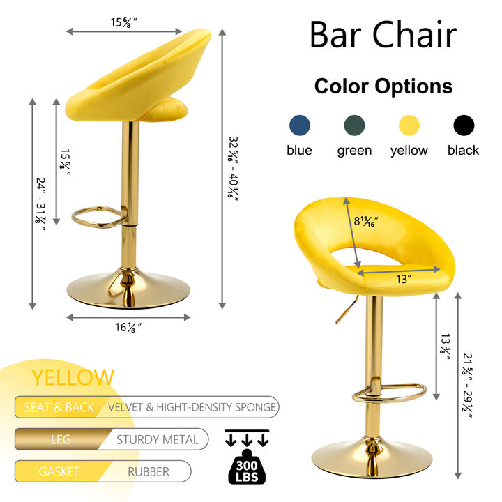 Yellow Velvet Adjustable Modern Dining Chairs,Counter Height Bar Chair,Swivel Bar Stools Set of 2