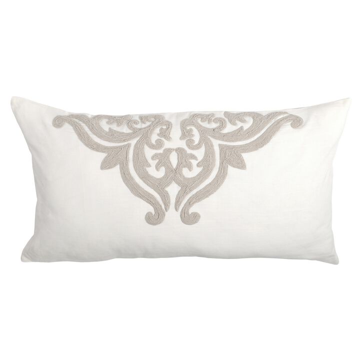 Lenz 20 X 36 Lumbar King Pillow Sham, Hand Stitched Ivory Damask Embroidery-Benzara