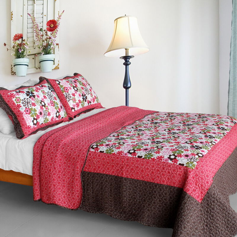 Vermicelli Quilted Cotton Floral Printed Quilt Set Queen Size Candy Floral Design Set image number 0