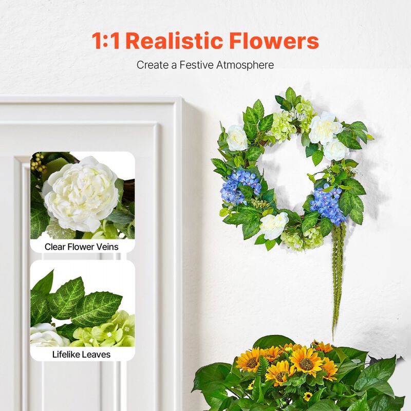 Artificial Wreath with Hydrangeas and Roses for Door or Wall, Year-Round Decor