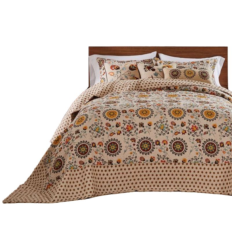 Dorra 3pc Queen Bedspread Set, 2 Shams, Floral Crest, Beige Yellow Cotton - Benzara