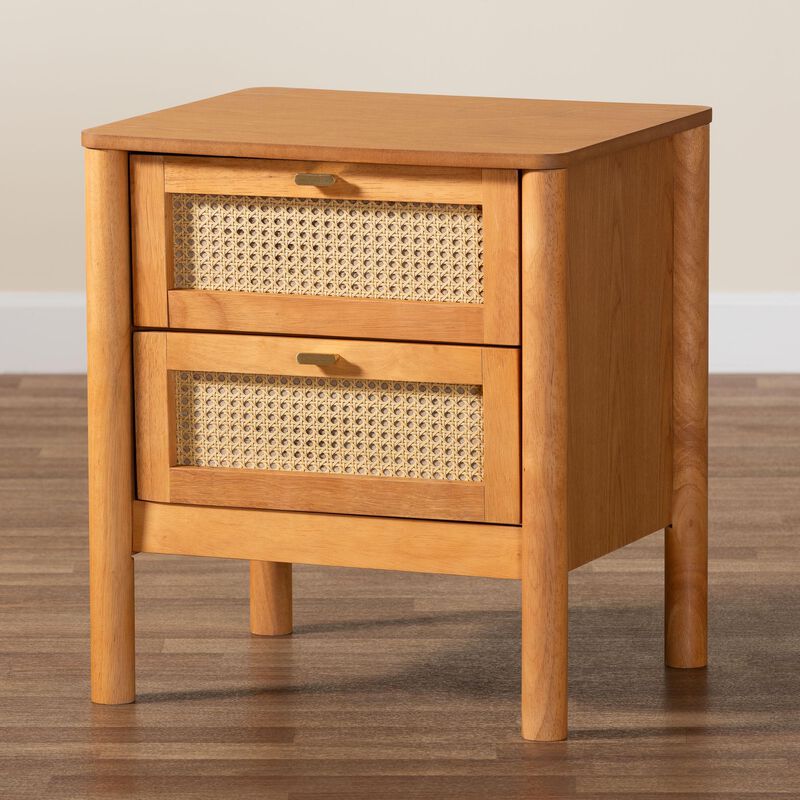 Baxton Studio Jenn Golden Brown Wood Japandi 2 Drawer Nightstand with Distressed Finished Rattan