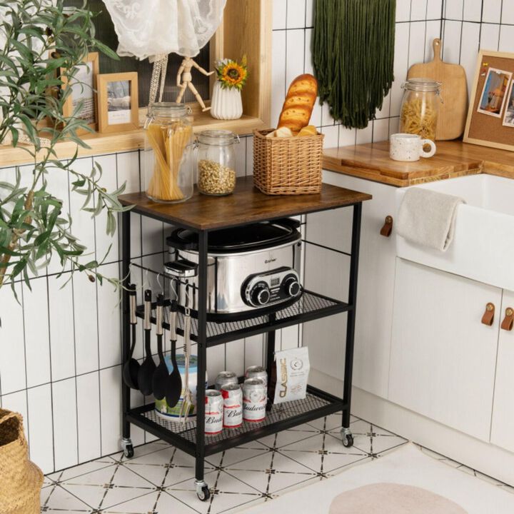 Hivvago 3-Tier Kitchen Serving Cart Utility Standing Microwave Rack with Hooks Brown
