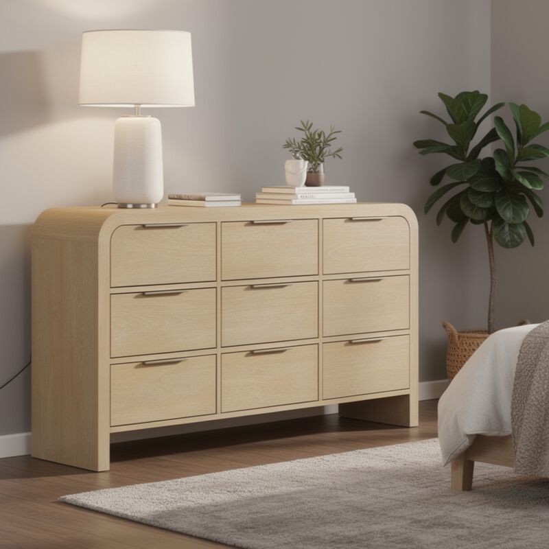 Rexa Wide Dresser, 9 Drawers, Natural Brown Wood, Metal Finger Pulls image number 6