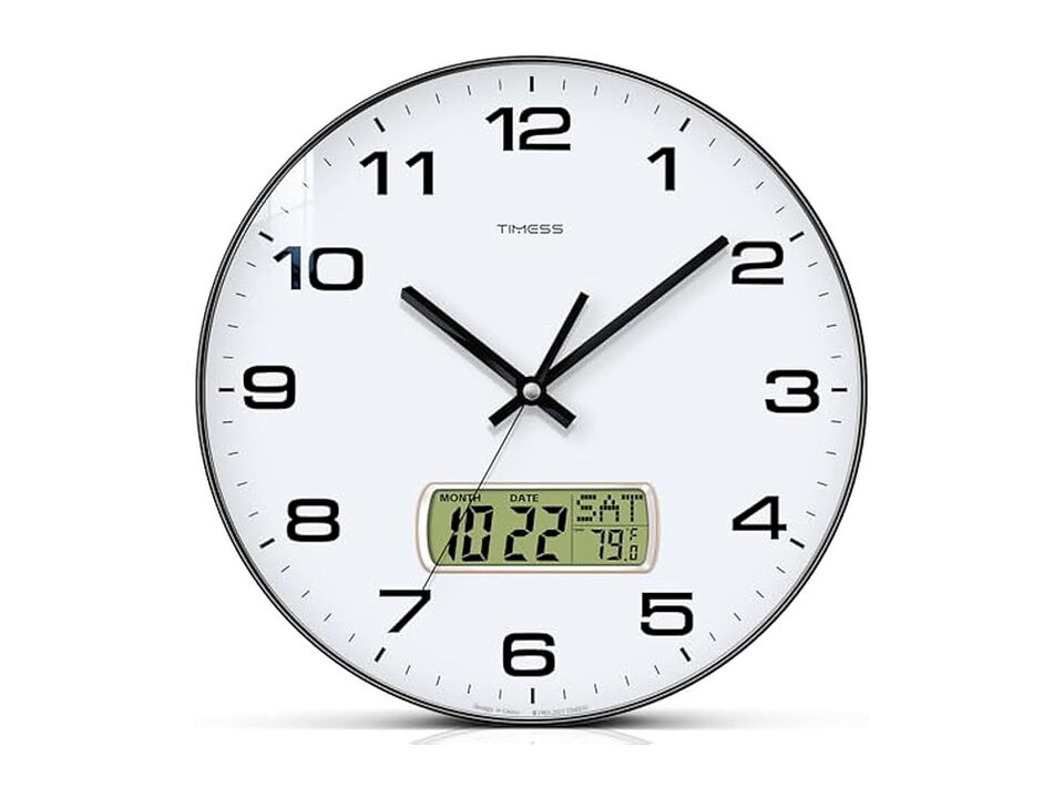LCD Display Perpetual Calendar Temperature Wall Clock 12 Inch Silent Non Ticking