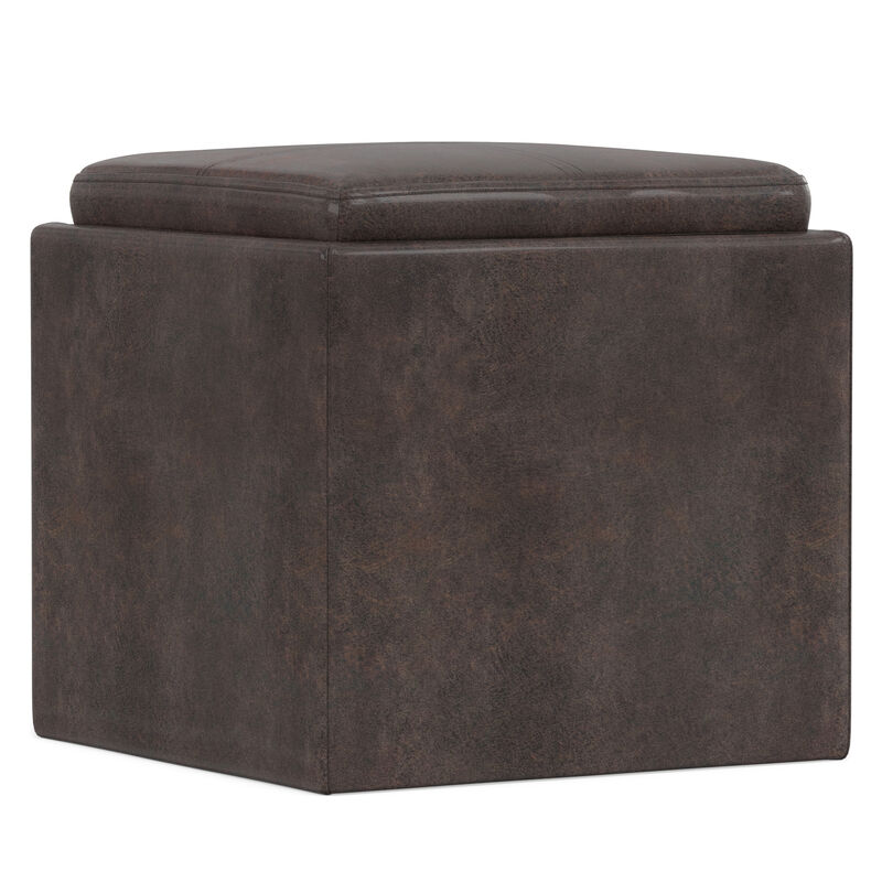 Rockwood 17 inch Wide Contemporary Square Cube Storage Ottoman with Tray in Distressed Brown Vegan Faux Leather, Assembled image number 5