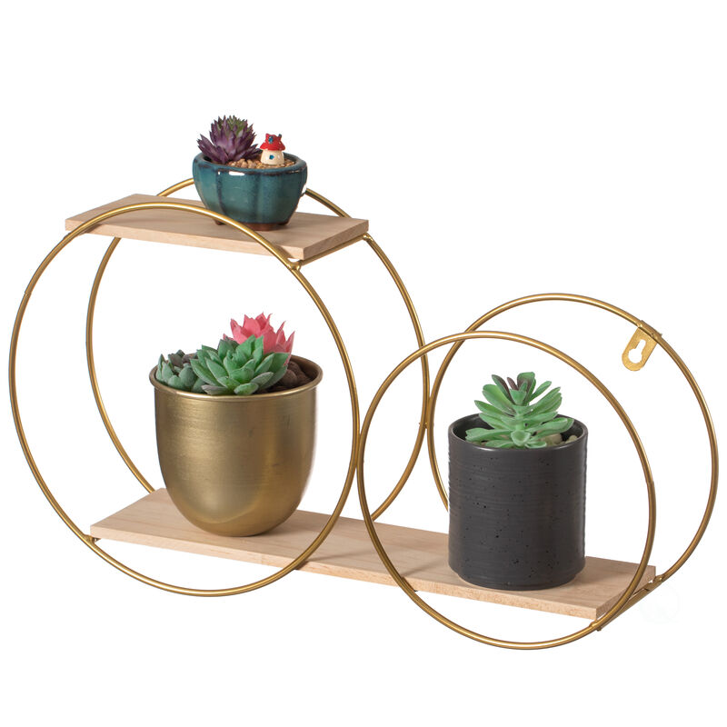 Tiered Decorative Modern Round Accent Floating Shelf Circle Decor Display Wall Mounted Shelf with Metal Frame and Pine Wood Shelves, Gold