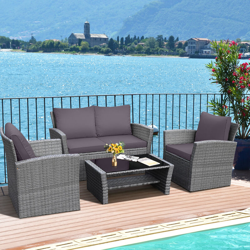 4 Pieces Patio Rattan Furniture Set Sofa Table with Storage Shelf Cushion image number 5