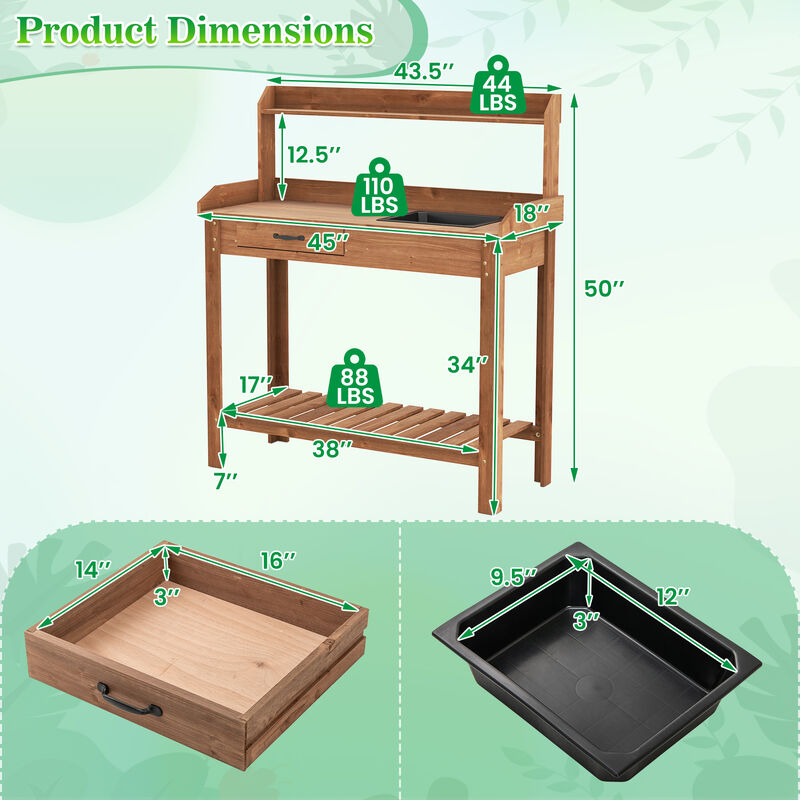 Outdoor Wooden Garden Work Table with Storage Shelves and Drawer for Potting Tasks