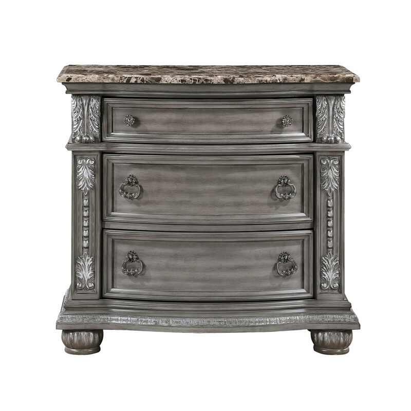 Toga 3 Drawer Nightstand, Gray Acacia Wood Carved Details, 35 Inch