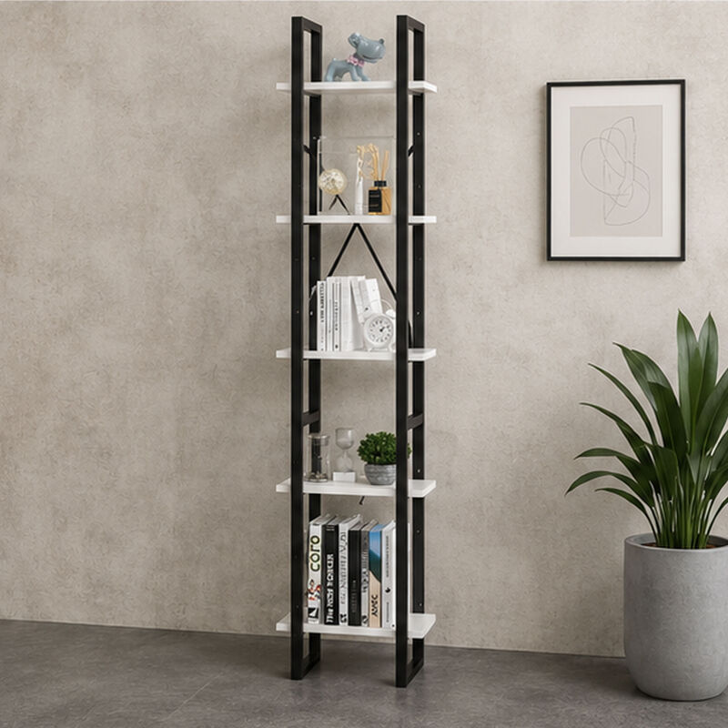 5 Tier Bookshelf Unit, Open White Wood Racks, 41 Inch Black Metal image number 7