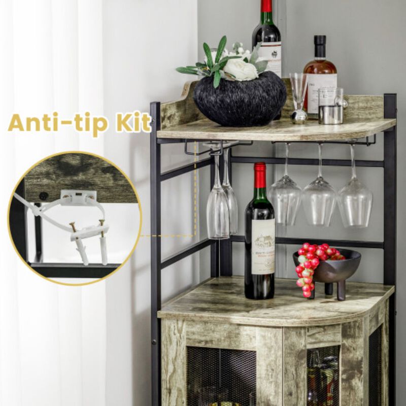 Industrial Corner Bar Cabinet with Glass Holder and Adjustable Shelf-Rustic Brown