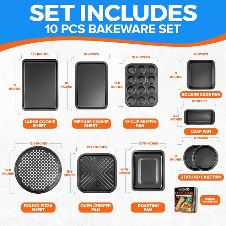Stackable Baking Pan Set - Nonstick Gray Coating, Carbon Steel Bakeware Sets, PFOA, PFOS, PTFE Free, Recipe Booklet Included, Oven Safe Tray (Up To 450° F), Set of 10 - Gray