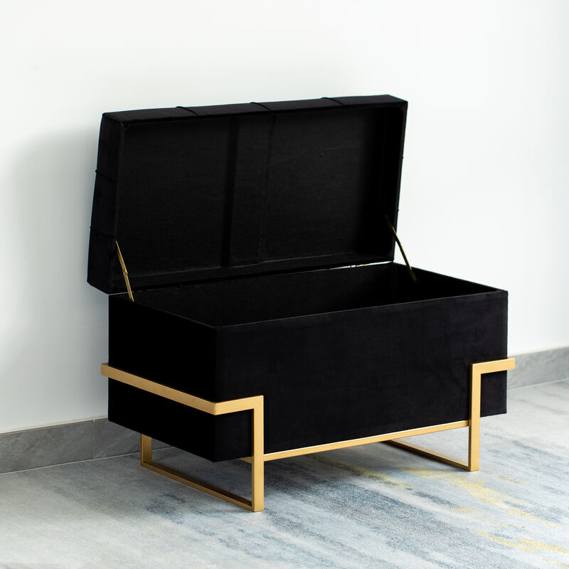 Rectangle Velvet Storage Ottoman Stool Box with Abstract Golden Legs | Decorative Sitting Bench for Living Room Home Decor with Unique Base Support (Black Large)