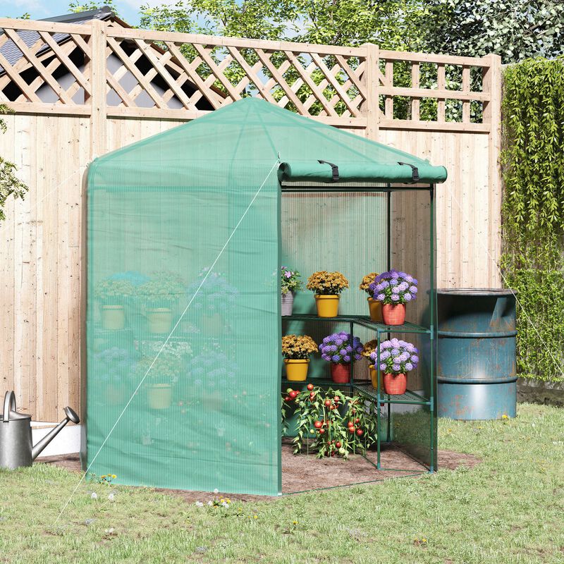 Outsunny Walk-in Greenhouse Outdoor 3 Tier 10 Shelf Warm House Garden Hexagonal Hot House with Roll-Up Zipper Door & Steel Frame