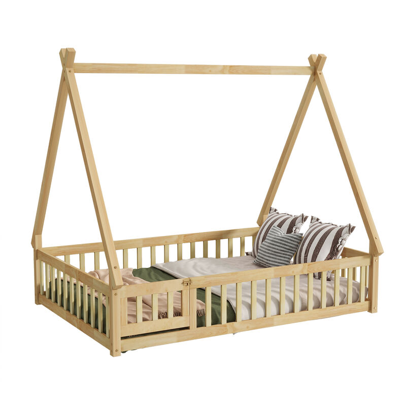 Whisen Wooden Teepee Tent Bed with Guardrails and Slats, Full Floor Bed with Door for Kids image number 0