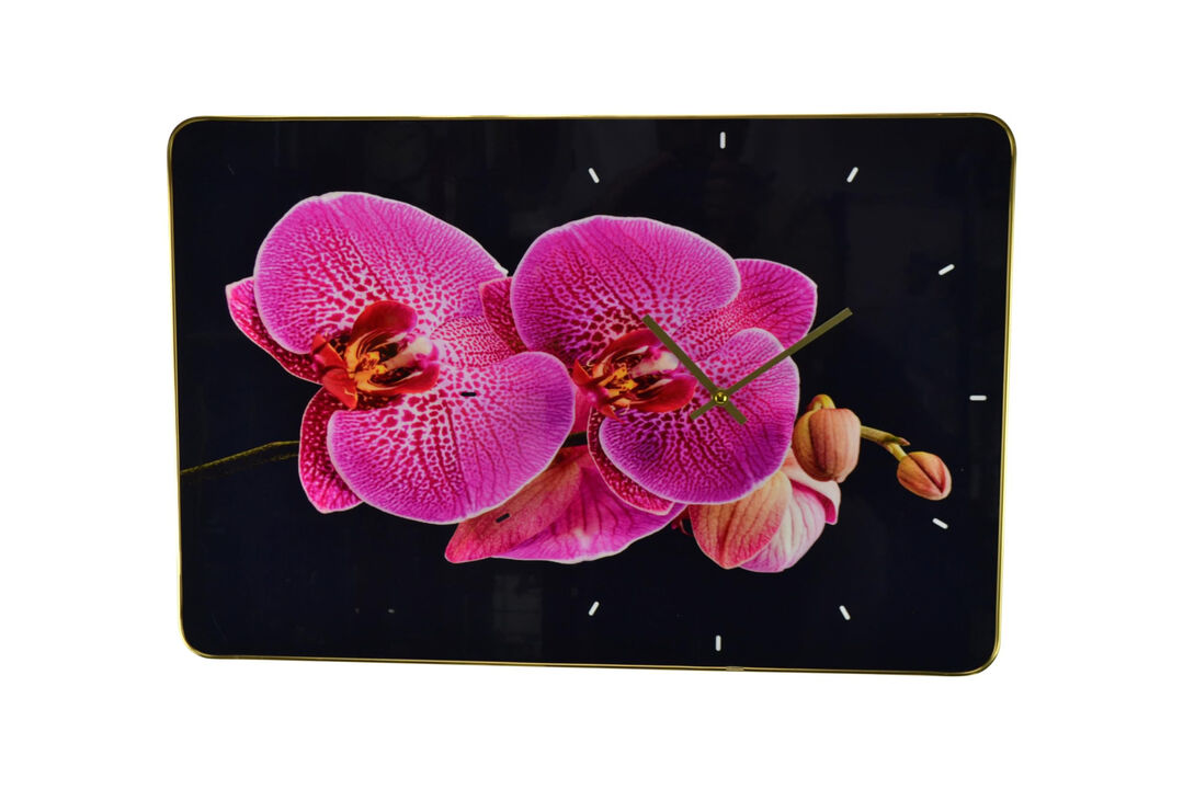 HomeRoots 24" Pink Black And Gold Solid Wood and Acrylic Silent Orchids Floral Wall Clock
