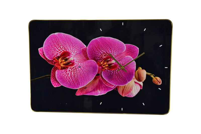 HomeRoots 24" Pink Black And Gold Solid Wood and Acrylic Silent Orchids Floral Wall Clock image number 0