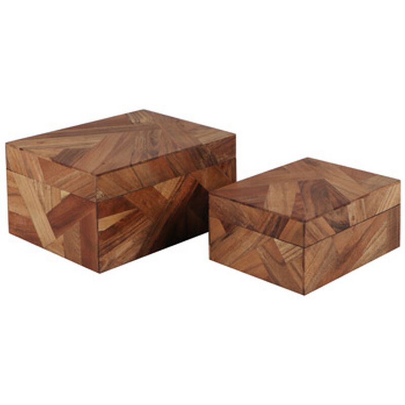 Alia Decor Storage Box Set of 2, Rectangular, Geometric Brown Wood Tones - Benzara