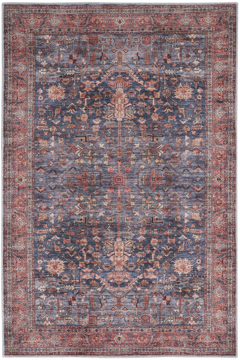 4 x 6 Blue and Red Oriental Power Loom Distressed Washable Non Skid Area Rug