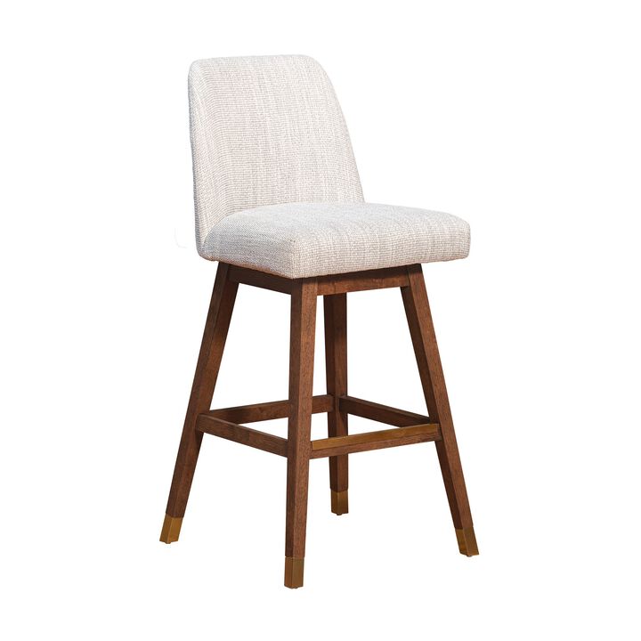 Lara 30 Inch Swivel Barstool Chair, Soft Beige Polyester, Brown Wood Legs-Benzara