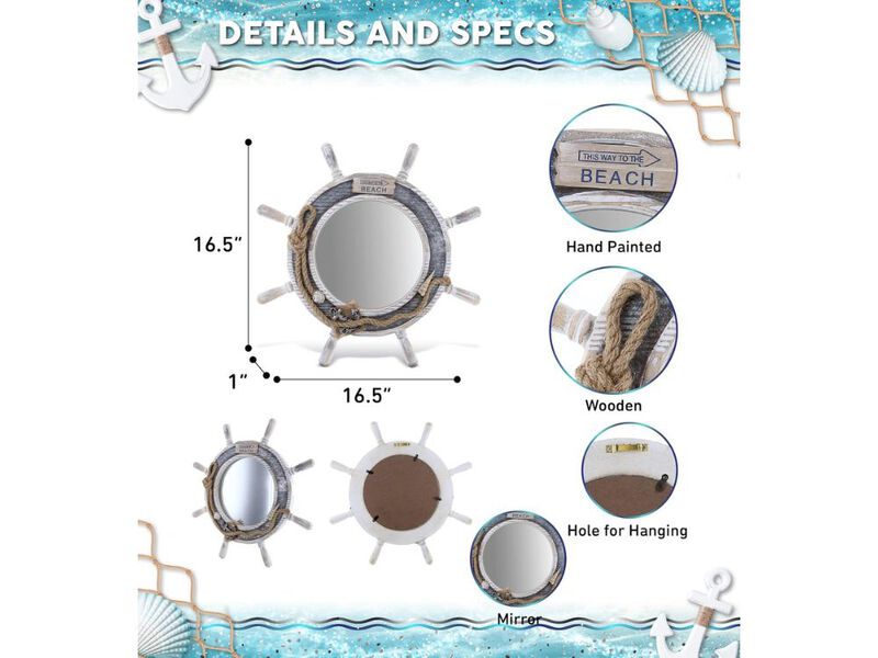 16.5" Silver Ship Wheel Mirror &ndash; Nautical Handcrafted Wall Decor image number 3