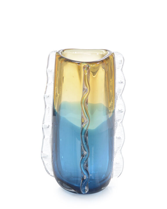 Blue and Yellow Rippled Handblown Glass Vase III